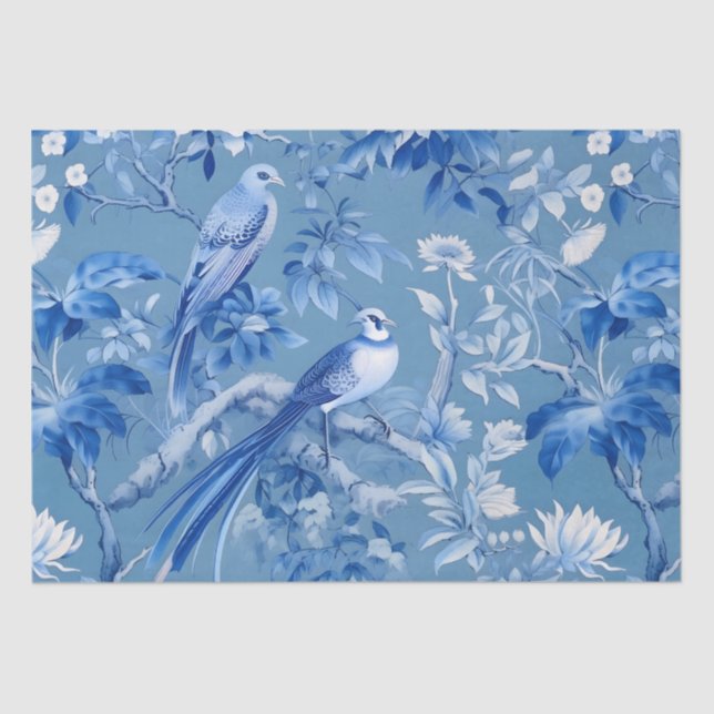 Seda Papel de Tecido Floral de Chinoiserie Azul (Frente )