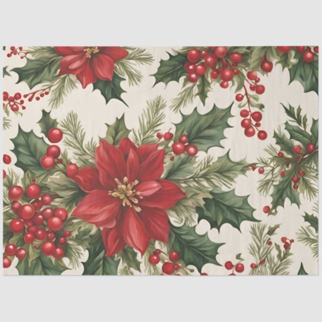 Seda Papel de Tecido Holly e Red Berries de Natal (Frente )