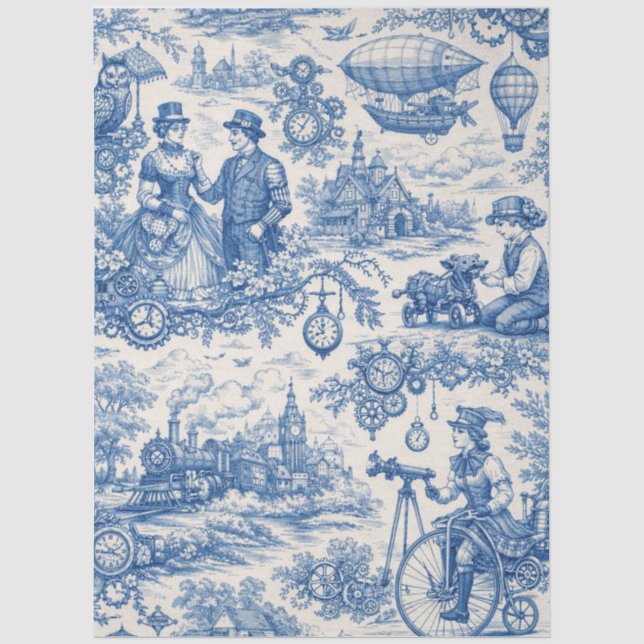 Seda Papel de Tecido Toile Steampunk Azul (Frente )