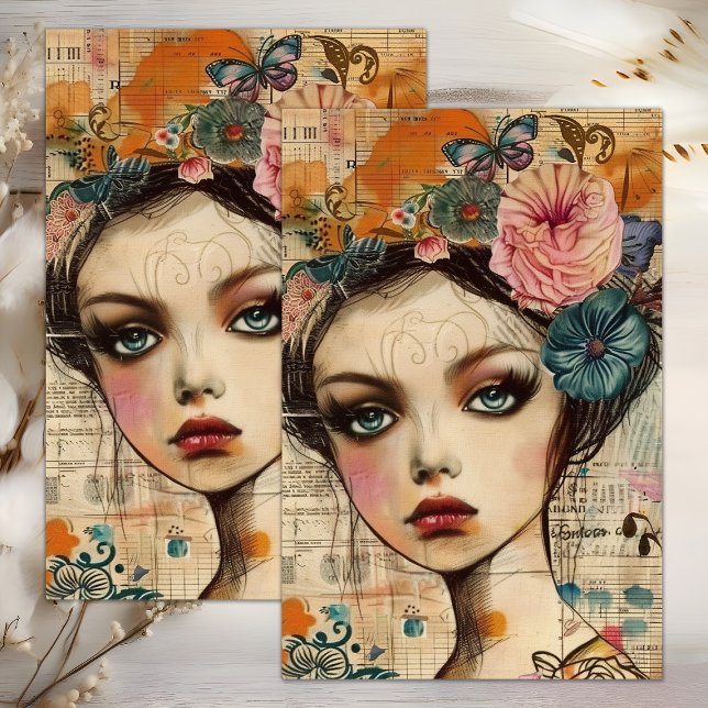 SEDA PAPEL DE TECIDOS DE DECOUPAGEM DA GAROTA FLOR BOHO (BOHO FLOWER GIRL DECOUPAGE TISSUE PAPER)