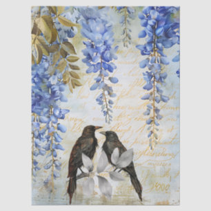 Seda Papel Decoupage Elegante de Wisteria Azul e Corvos