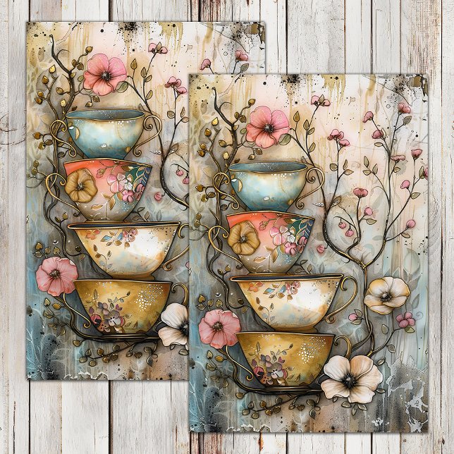 SEDA PAPEL DECOUPAGE PARA COPOS DE CHÁ EMPILHADOS (STACKED TEA CUPS DECOUPAGE TISSUE PAPER)