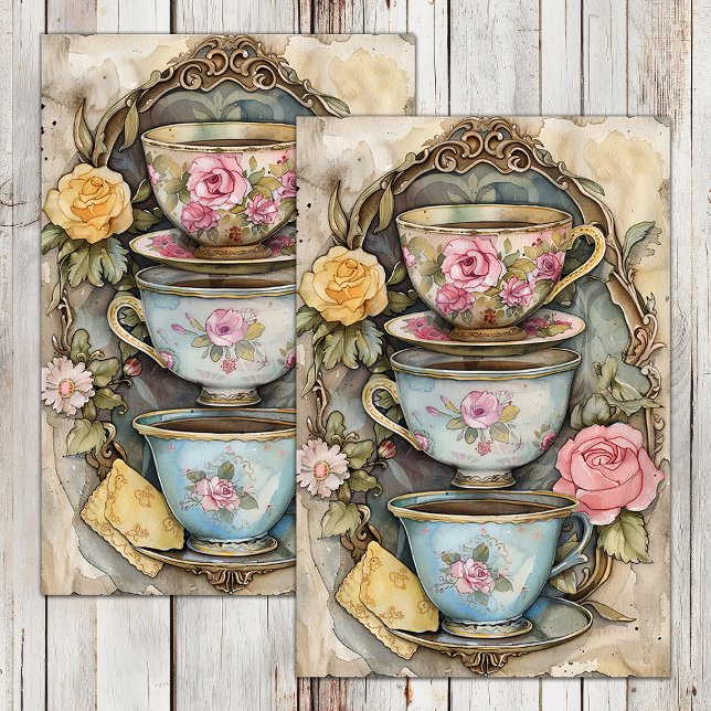 SEDA PAPEL DECOUPAGE PARA XÍCARAS DE CHÁ EMPILHADAS (STACKED TEA CUPS DECOUPAGE TISSUE PAPER)