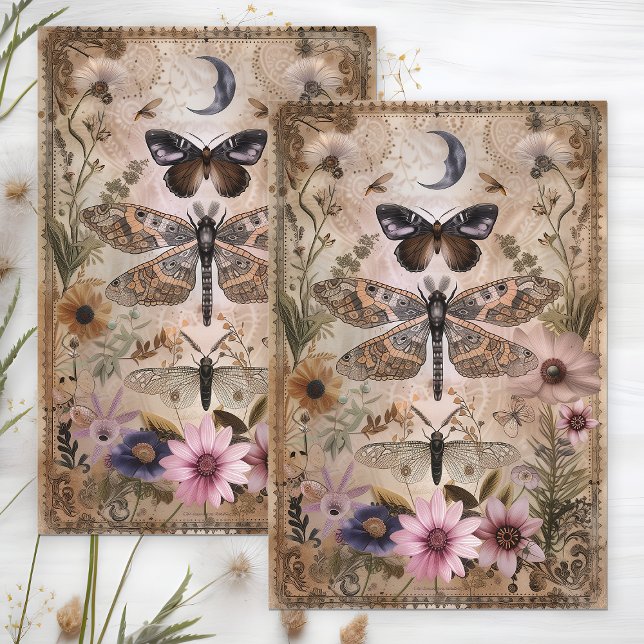 SEDA PAPEL DESEDÉCUPAGE FLORESTA DE MARIPOSA E BORBOLET (MOTH AND BUTTERFLY FLORAL DECOUPAGE TISSUE PAPER)