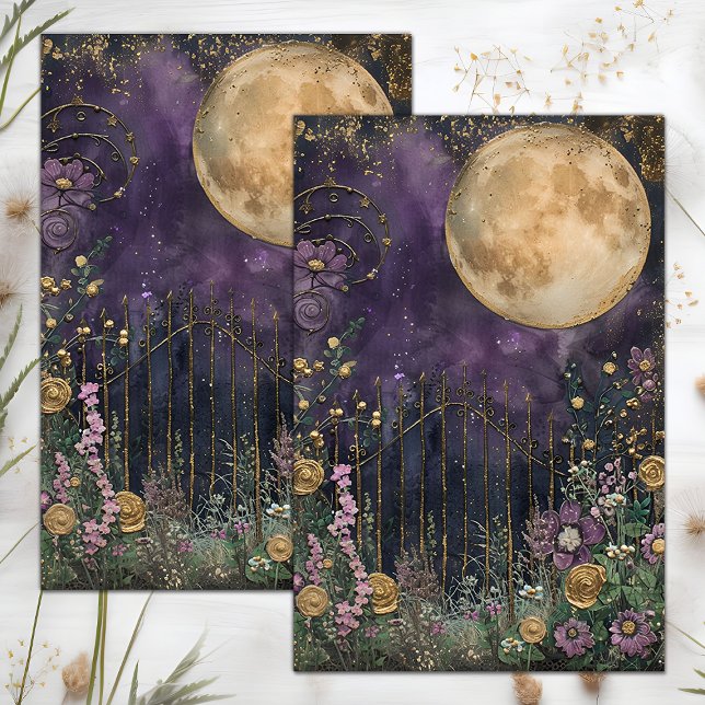 SEDA PAPEL DO TECIDO DE DECOUPAÇÃO DO JARDIM DA LUA INT (FULL MOON MIDNIGHT GARDEN DECOUPAGE TISSUE PAPER)