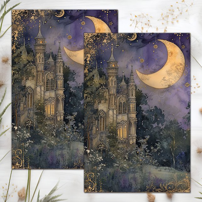SEDA PAPEL DOS TECIDOS DE DECOPAGAÇÃO DE LUA E CASTELO (MOON AND CASTLE DECOUPAGE TISSUE PAPER)