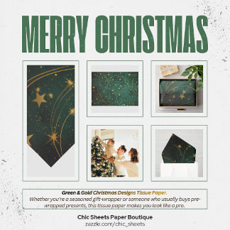 Seda Papel Tecido com Desenhos de Natal Verde e Dourado