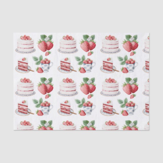 Seda Papel Tecido com Estampa de Bolo de Morango Rosa (Frente )
