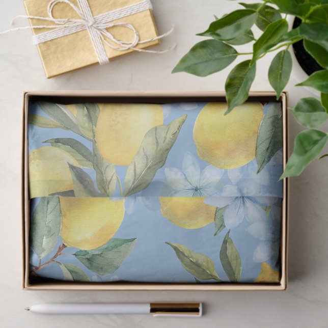 Seda Papel Tecido de Aguarela Azul Limão e Flor (Watercolor Lemon and Flower Floral Tissue Paper in Blue)