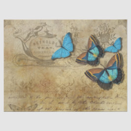 Seda Papel Tecido de Decoupage de Borboletas Azuis Vint