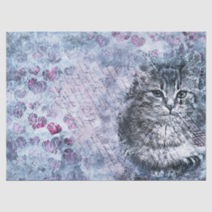 Seda Papel Tecido de Decoupage de Gato Azul Roxo
