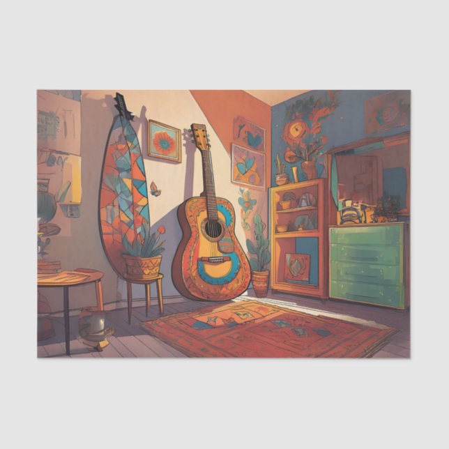 Seda Papel Tecido de Decoupage de Violão Boêmico (Frente )