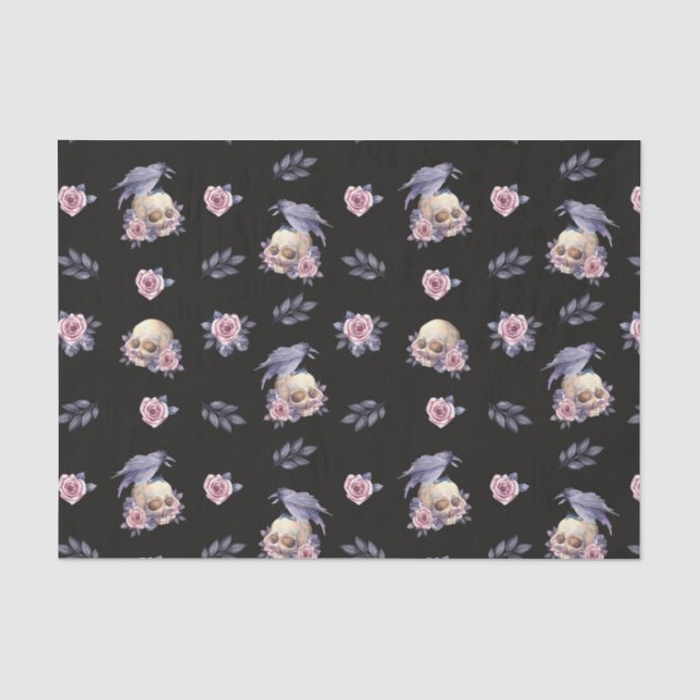 Seda Papel Tecido de Halloween Rosas Escuras Caveiras d (Frente )