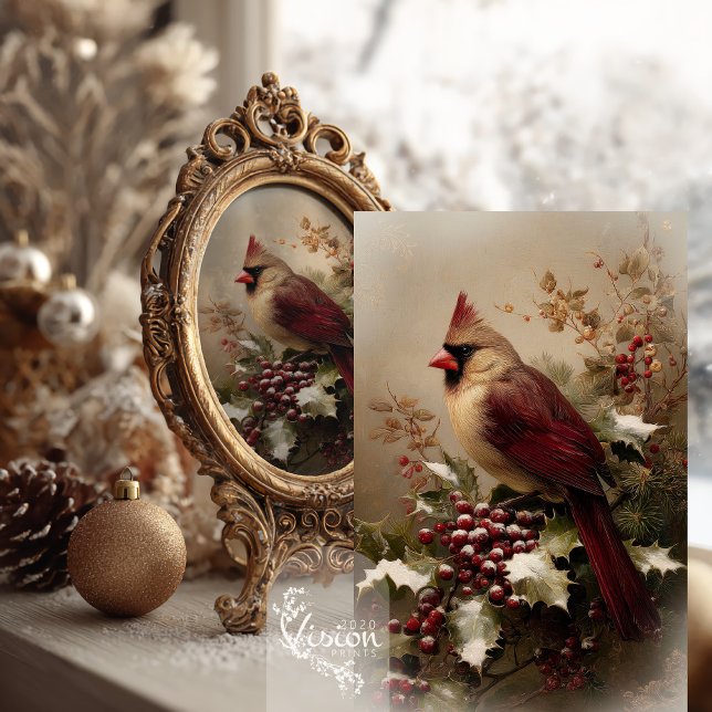Seda Papel Tecido de Natal com Frutas do Cardinal Holly (Cardinal with holly berries in vintage gold frame against a snowy window with close up of Cardinal.)