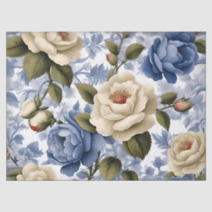 Seda Papel Tecido de Rosas Selvagens Azul Delft Vintage