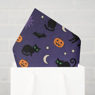 Seda Papel Tecido Roxo de Halloween com Abóbora e Gato