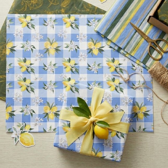 Seda Papel Tecido Xadrez Azul Flor de Limão (Criador carregado)