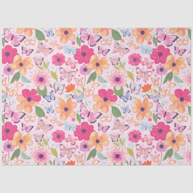 Seda Papel tecidular, Borboletas e Flores, de cor rosa  (Frente )
