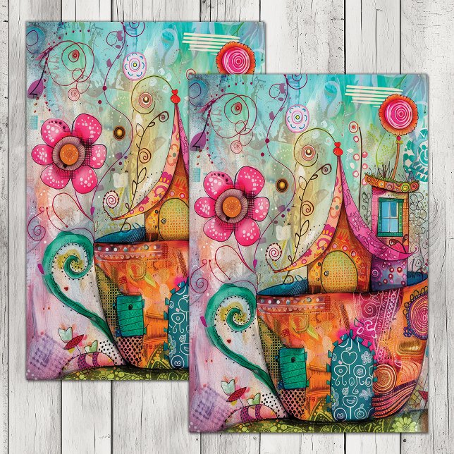 SEDA PAPEL TISSUÊ DECUPADO DE CASA DE XÍCARA DE CHÁ CAP (WHIMSICAL TEA CUP HOUSE DECOUPAGE TISSUE PAPER)