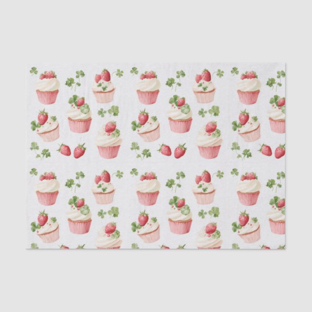 Seda Papel Tissue Estampado com Cupcakes de Morango Ros (Frente )