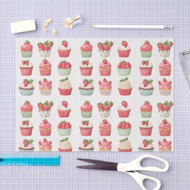 Seda Papel Tissue Estampado com Cupcakes de Morango Ros (Arte )