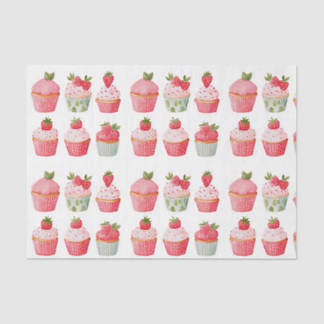 Seda Papel Tissue Estampado com Cupcakes de Morango Ros (Frente )