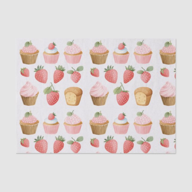 Seda Papel Tissue Estampado com Cupcakes de Morango Ros (Frente )