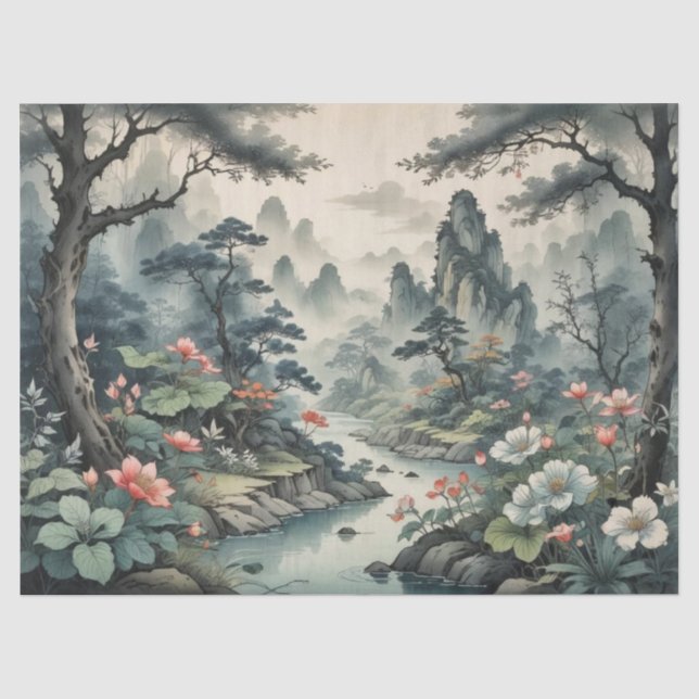 Seda Papel Tissue Floresta de Plantas e Flores Fantasia (Frente )