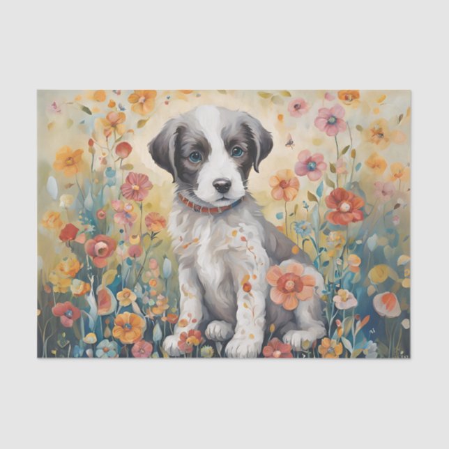 Seda Puppy cercado por flores Papel Tecido de Decoupage (Frente )
