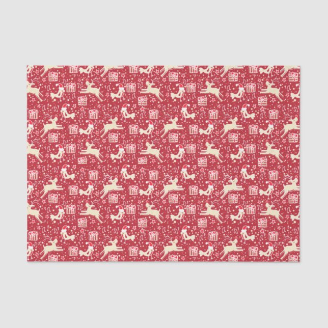 Seda Renas e aves, papel de tecidos de Natal vermelho (Frente )