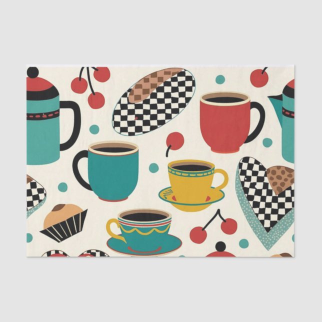 Seda Retro Diner Brew: 1950 Papel de Tecido Tecido Teci (Frente )