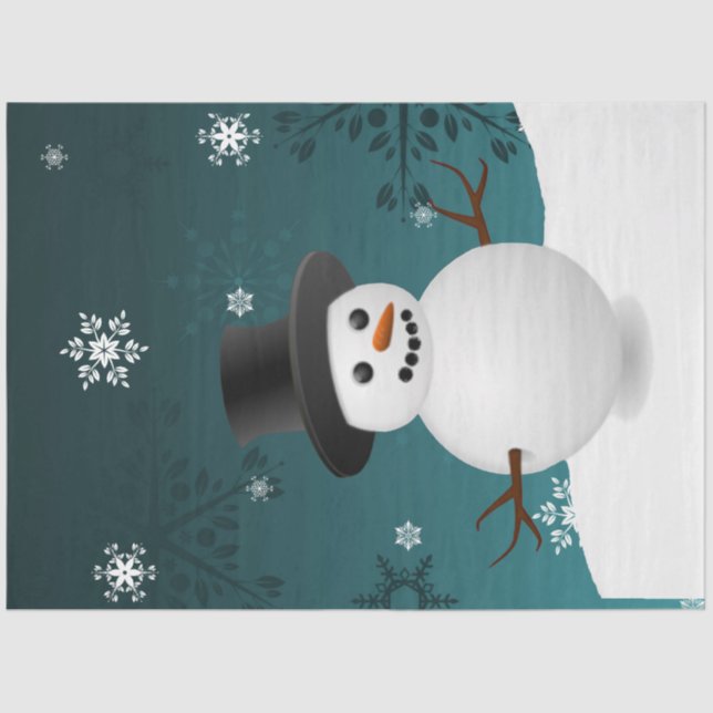 Seda Teal Snowman Winter Scene Papel para Tecidos de Na (Frente )