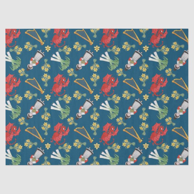 Seda Traje e emblemas de Galês no lenço de papel azul (Frente )