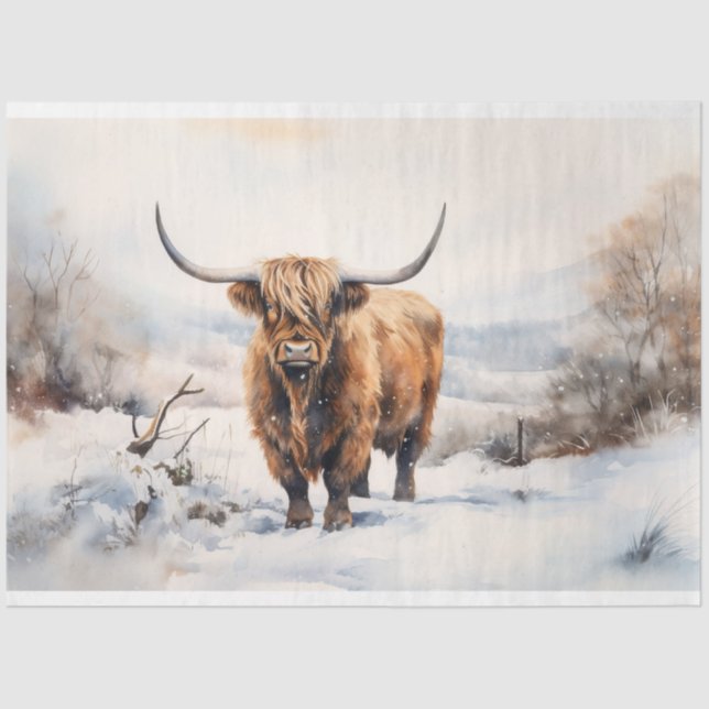 Seda Vaca Highland em Papel de Decoupage na Neve 1 (Frente )