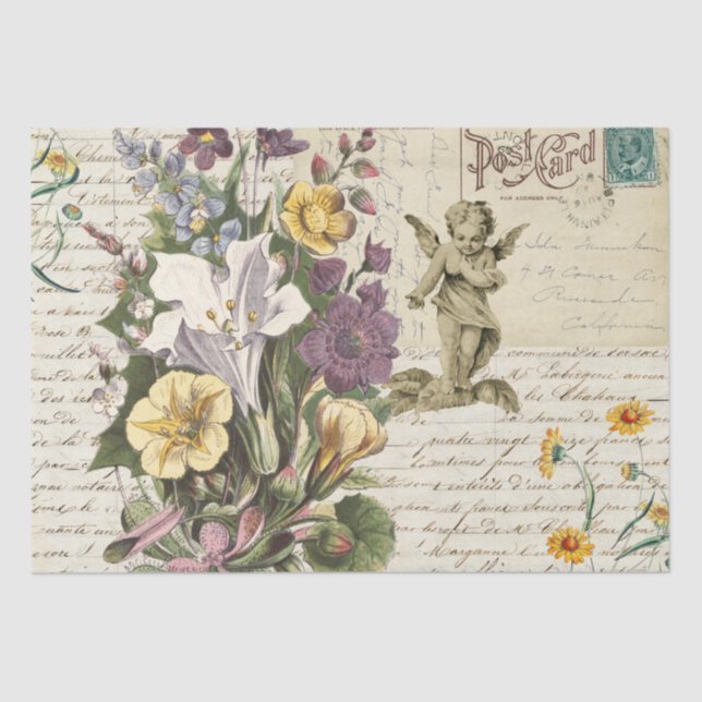 Seda Vintage Flowers Cherub Script de Papel Tecido Eleg (Frente )