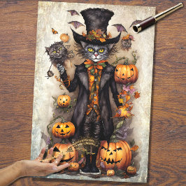 Seda Whimsical Spooky Cat 1 Papel de Decoupage de Hallo