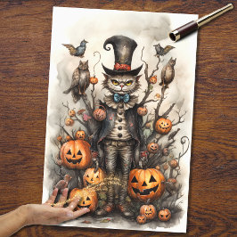 Seda Whimsical Spooky Cat 3 Papel de Decoupage de Hallo