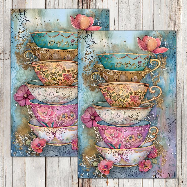 SEDA XÍCARAS DE CHÁ DECORADAS COM PAPEL DE DECOUPAGE (STACKED TEA CUPS DECOUPAGE TISSUE PAPER)