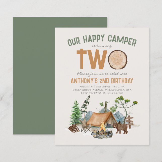 Segundo aniversário Feliz Camper Woodland (Frente/Verso)