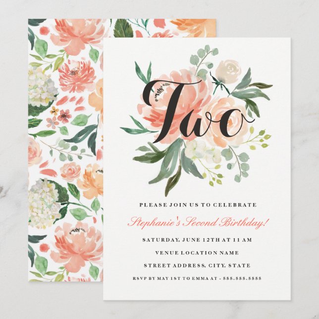 segundo aniversário Pink Floral Dois Convite (Frente/Verso)