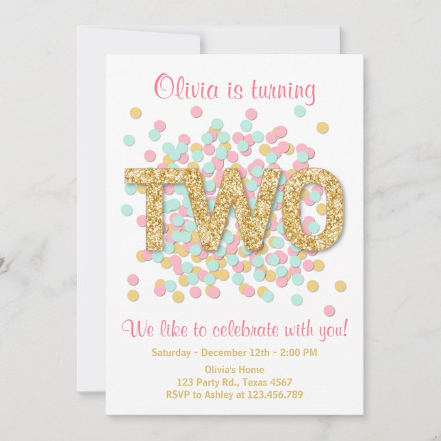 Segundo Convite de Aniversário Menina Dourada Rosa (Frente)