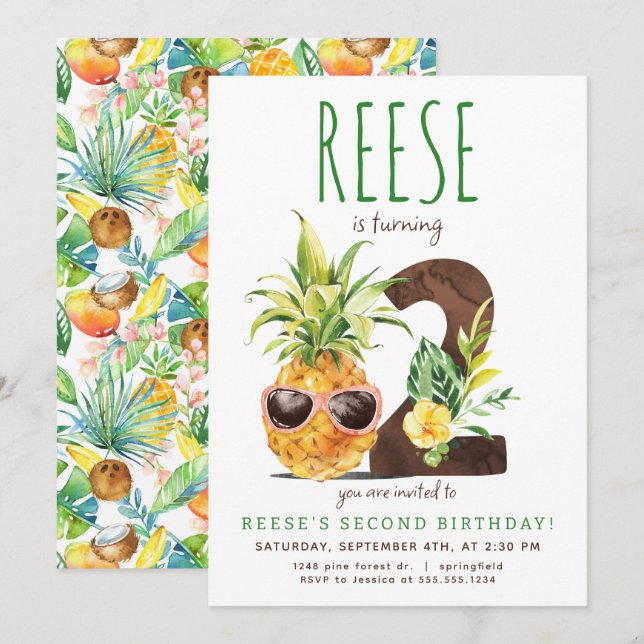 Segundo Convite de Aniversário para Abacaxi Tropic (Frente/Verso)