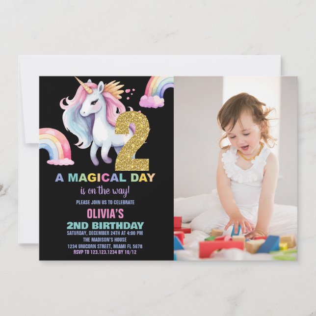 segundo Rainbow Unicorn Aniversário Convites com f (Frente)