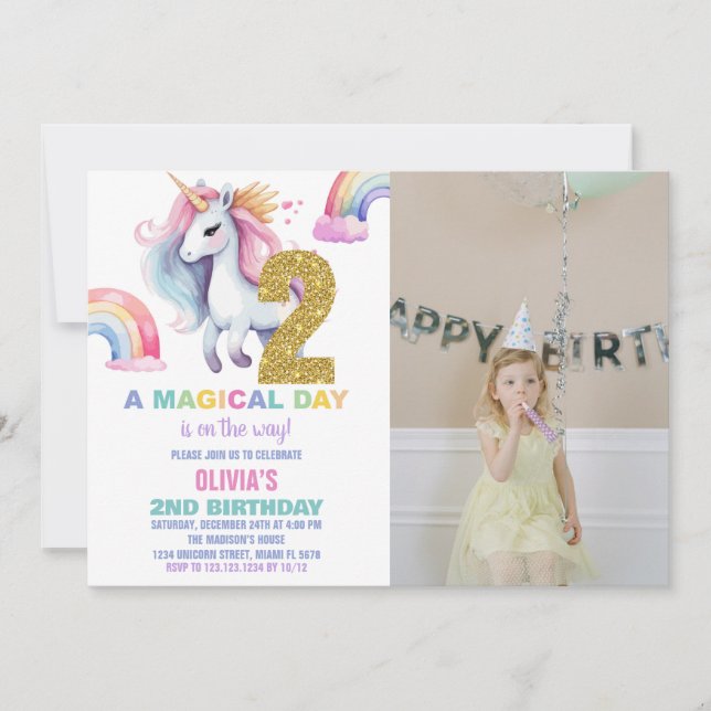 segundo Rainbow Unicorn Aniversário Convites com f (Frente)