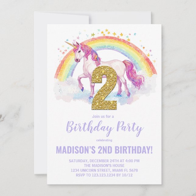 segundo Rainbow Unicorn - Convites de Aniversário (Frente)
