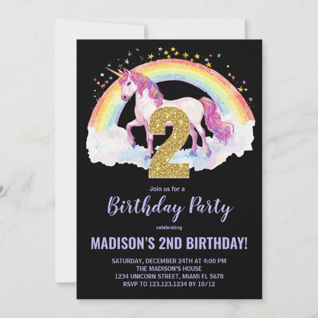 segundo Rainbow Unicorn - Convites de Aniversário (Frente)