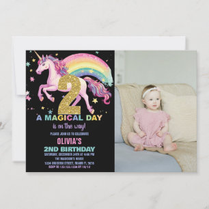 segundo Unicorn Aniversário Convites Preto w Foto
