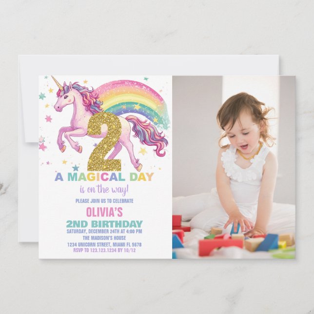 segundo Unicorn Convite de Aniversário com imagem (Frente)