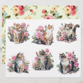 Seis lindos gatos em aquarela em um canteiro de ro