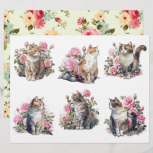 Seis lindos gatos em aquarela em um canteiro de ro